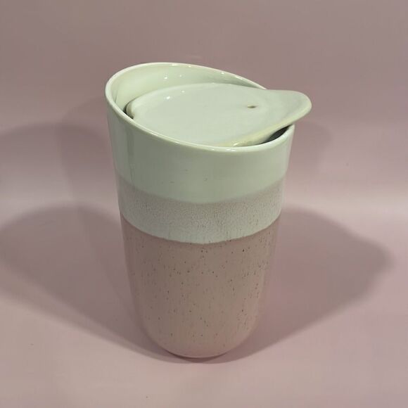 Pink Ceramic mug with lid 12 oz travel mug tea coffee Excellent Used Condition - Picture 2 of 7
